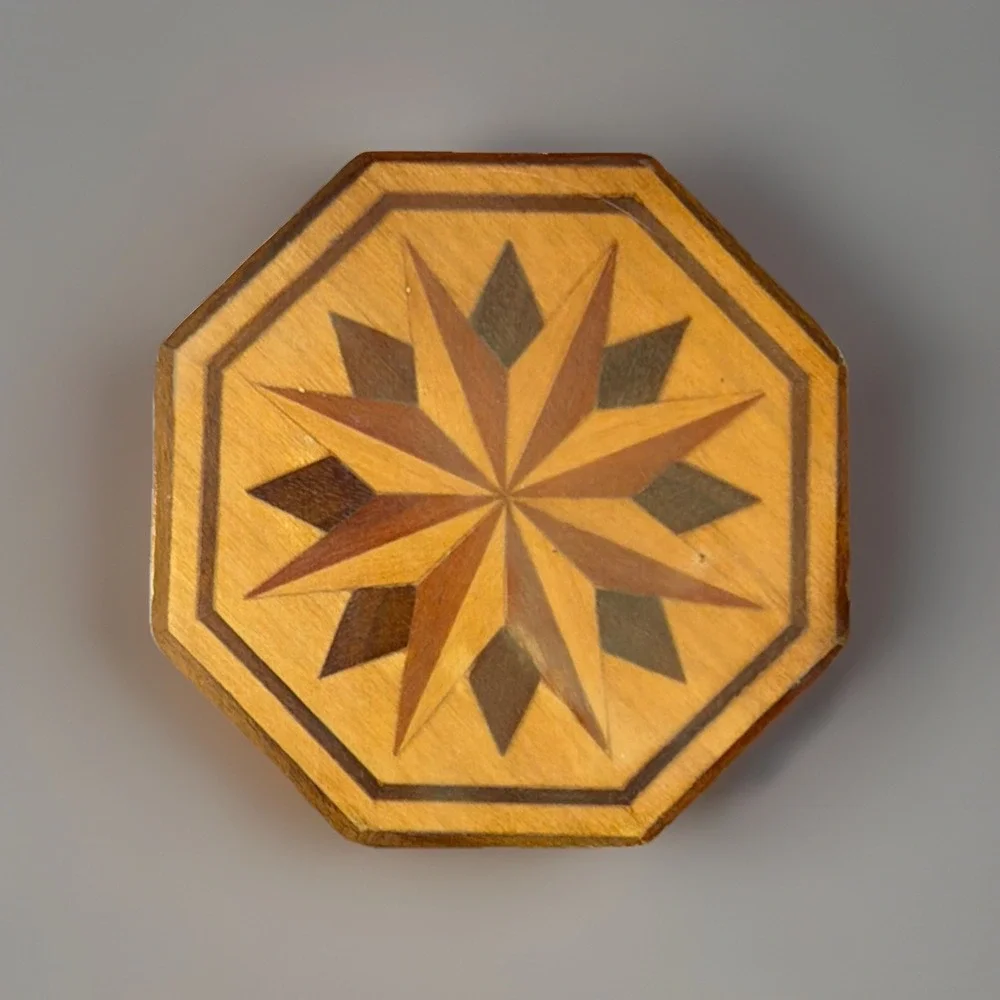 Vtg 80s‎ Octagonal Inlaid Marquetry Wooden Trinket Jewelry Box Hinged Velour